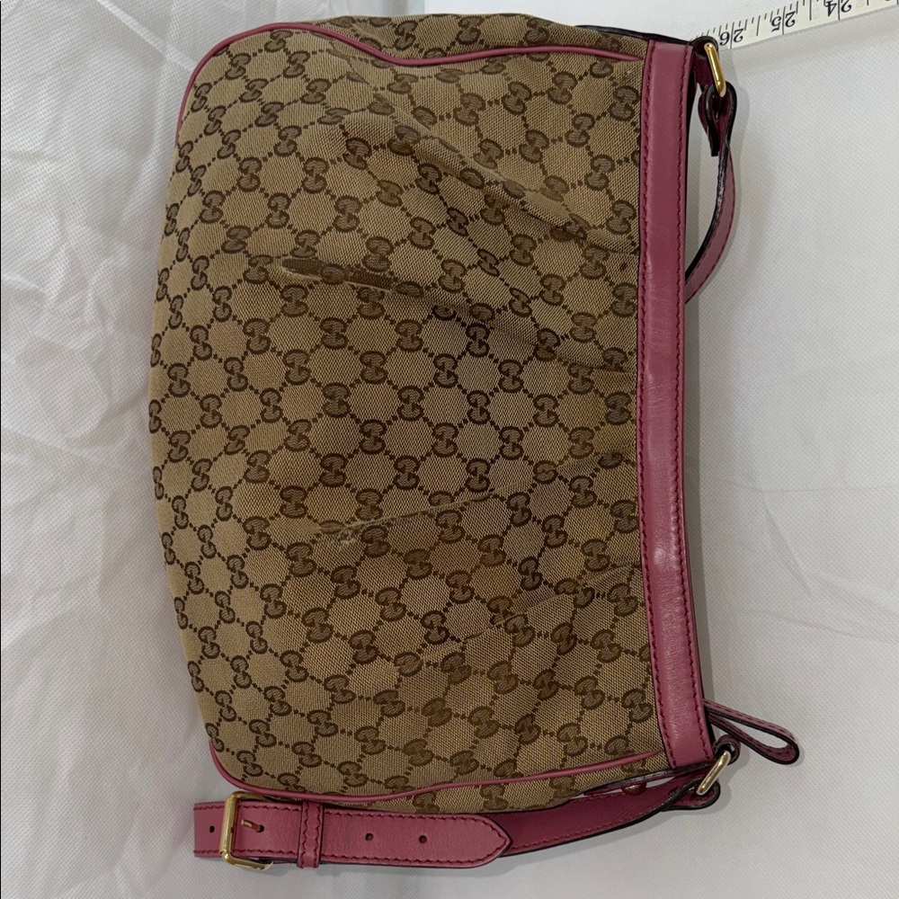 Gucci Brown Monogram Shoulder Bag with Pink Trim - Picture 12 of 16